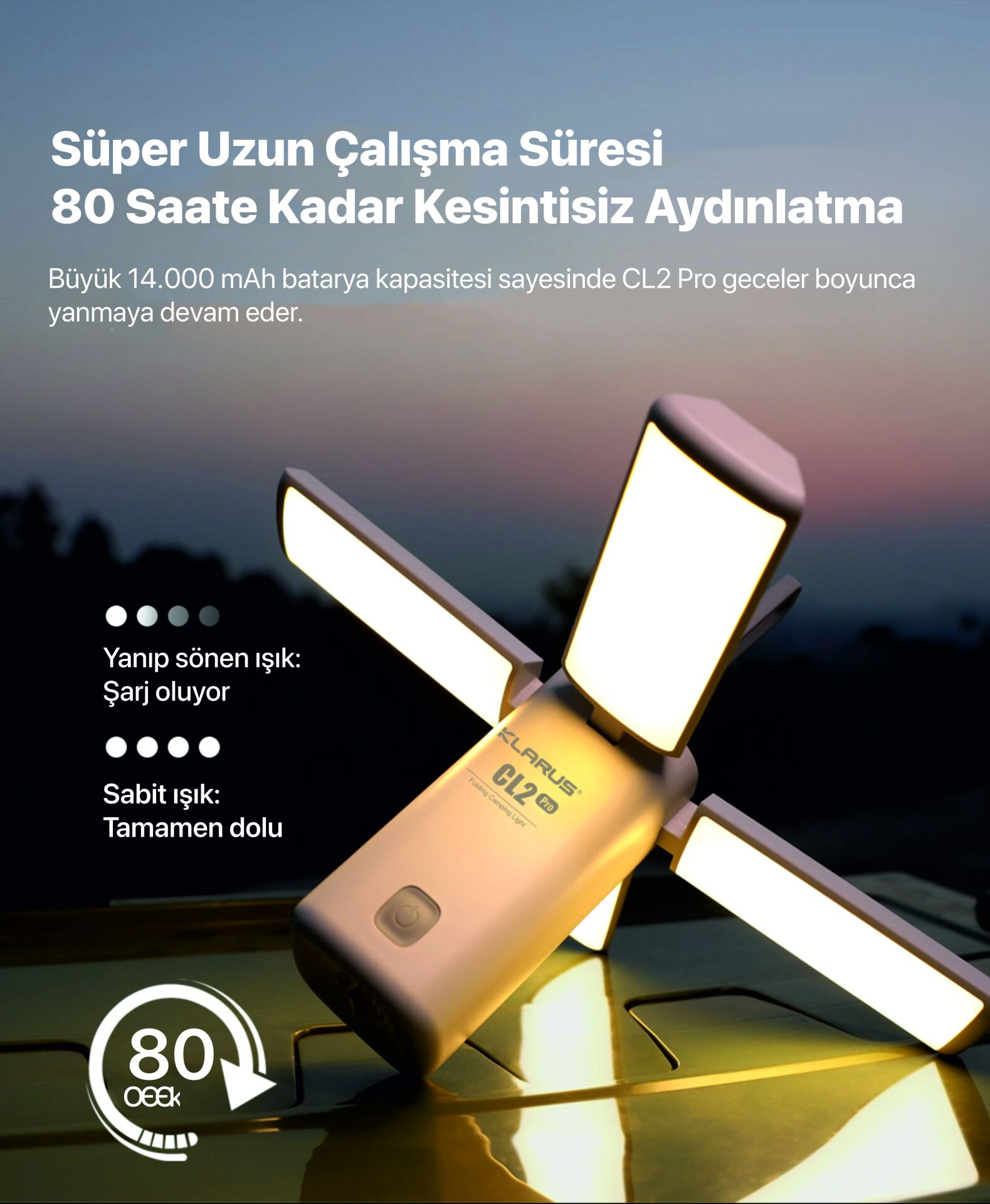 Klarus CL2 Pro 14000 mAh Powerbank Kapasiteli Katlanabilir Kamp Lambası (Beyaz)