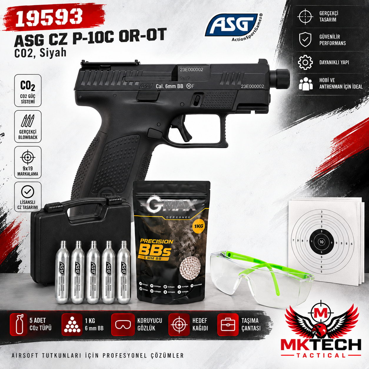 CZ P-10C OR-OT CO₂ Blowback Airsoft Tabanca Seti – Siyah (19593)