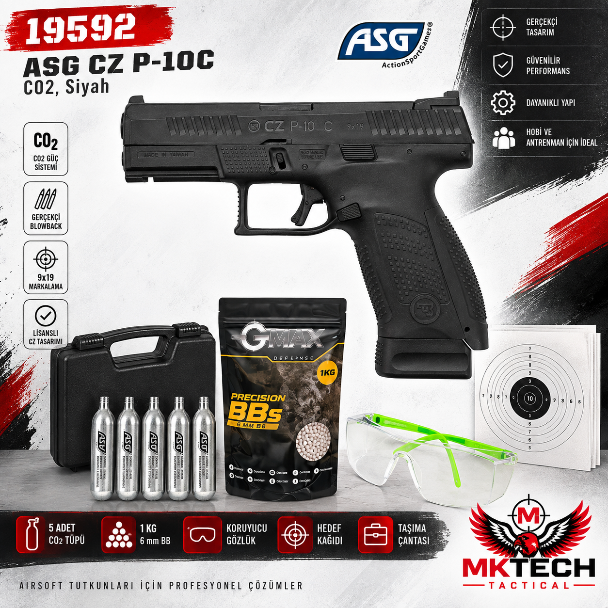 ASG CZ P-10C CO₂ Blowback Airsoft Tabanca Seti – Siyah (19592)