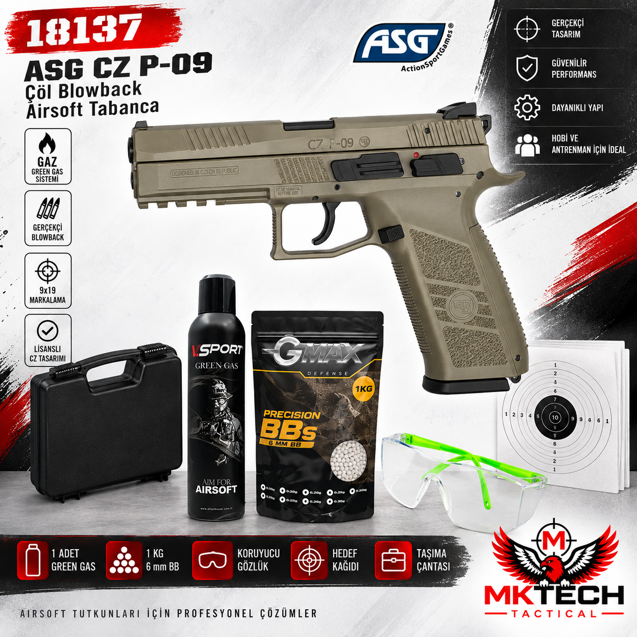 ASG CZ P-09 Çöl Green Gas Blowback Airsoft Tabanca Seti – 18137