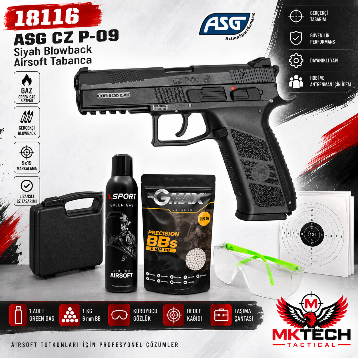 ASG CZ P-09 Siyah Green Gas Blowback Airsoft Tabanca Seti – 18116