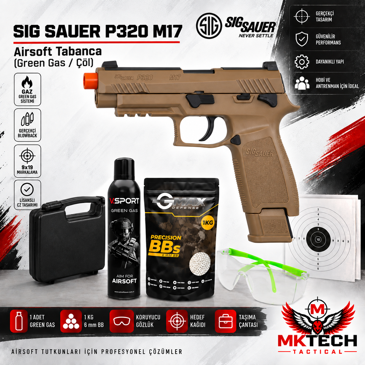SIG Sauer P320 M17 Green Gas Blowback Airsoft Tabanca Seti – Çöl