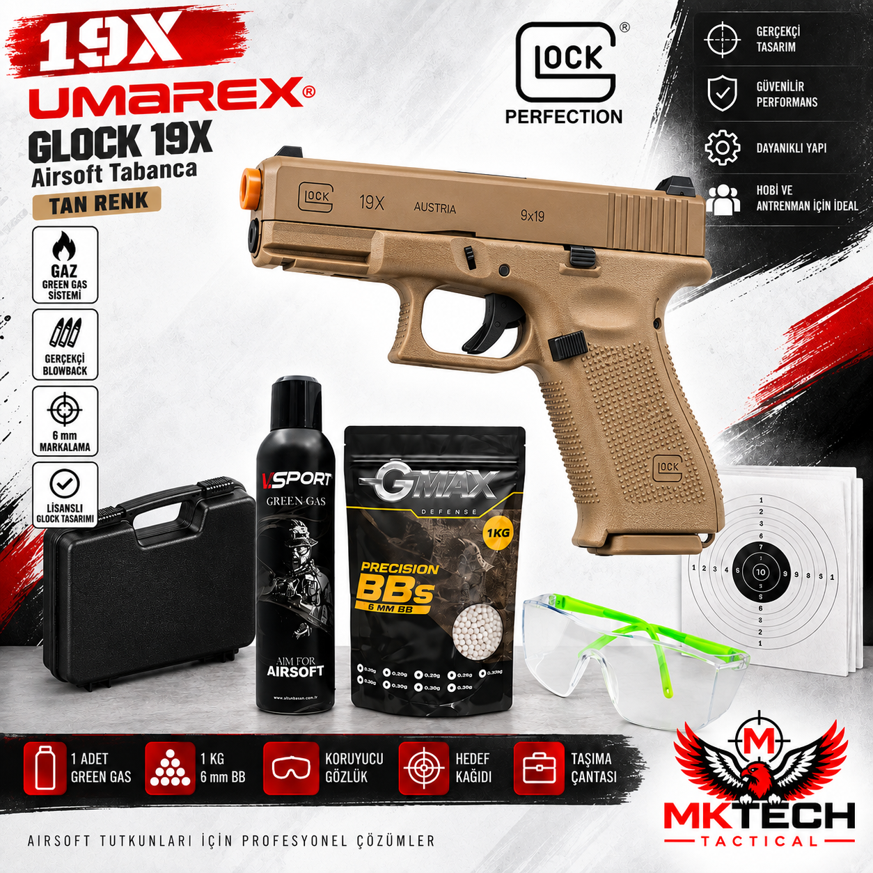 UMAREX Glock 19X Tan Green Gas Blowback Airsoft Tabanca Seti