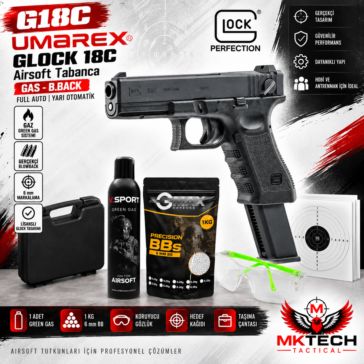 UMAREX Glock 18C Siyah Green Gas Blowback Airsoft Tabanca Seti