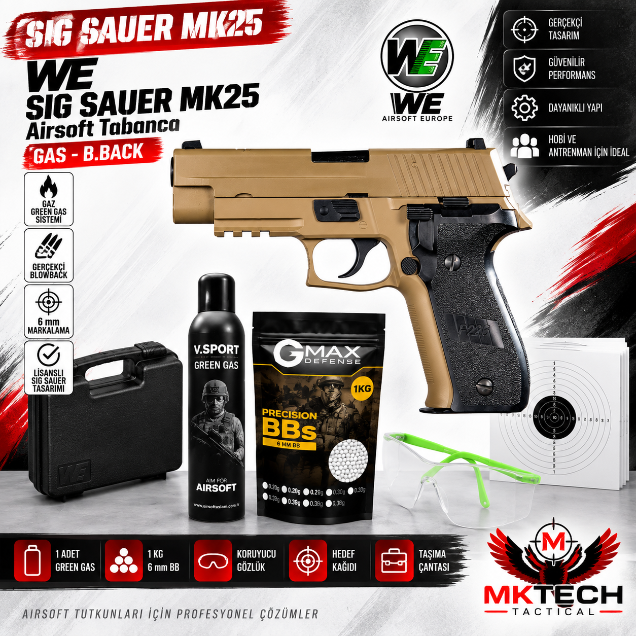 WE Sig Sauer MK25 Tan Green Gas Blowback Airsoft Tabanca Seti