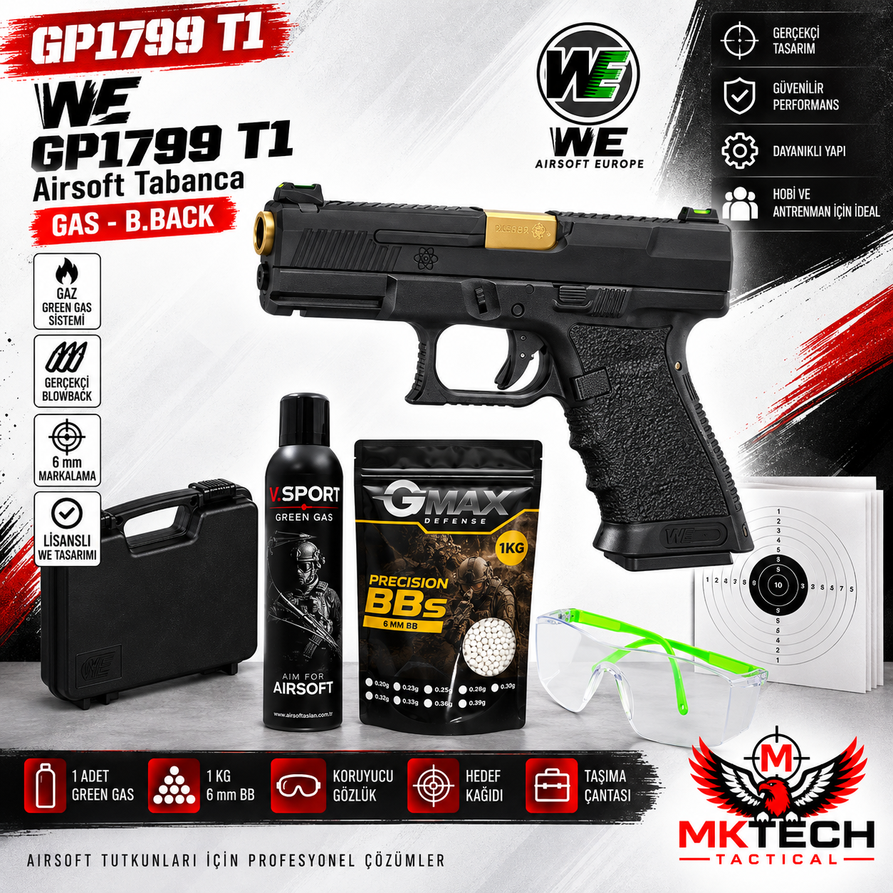 WE GP1799 T1 Siyah Green Gas Blowback Airsoft Tabanca Seti