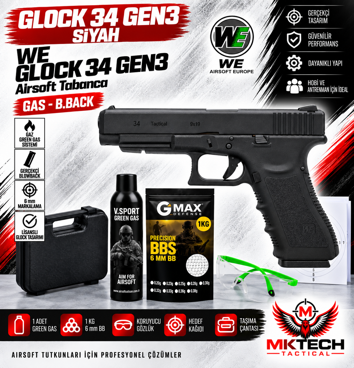 WE Glock 34 Gen3 Siyah Green Gas Blowback Airsoft Tabanca Seti