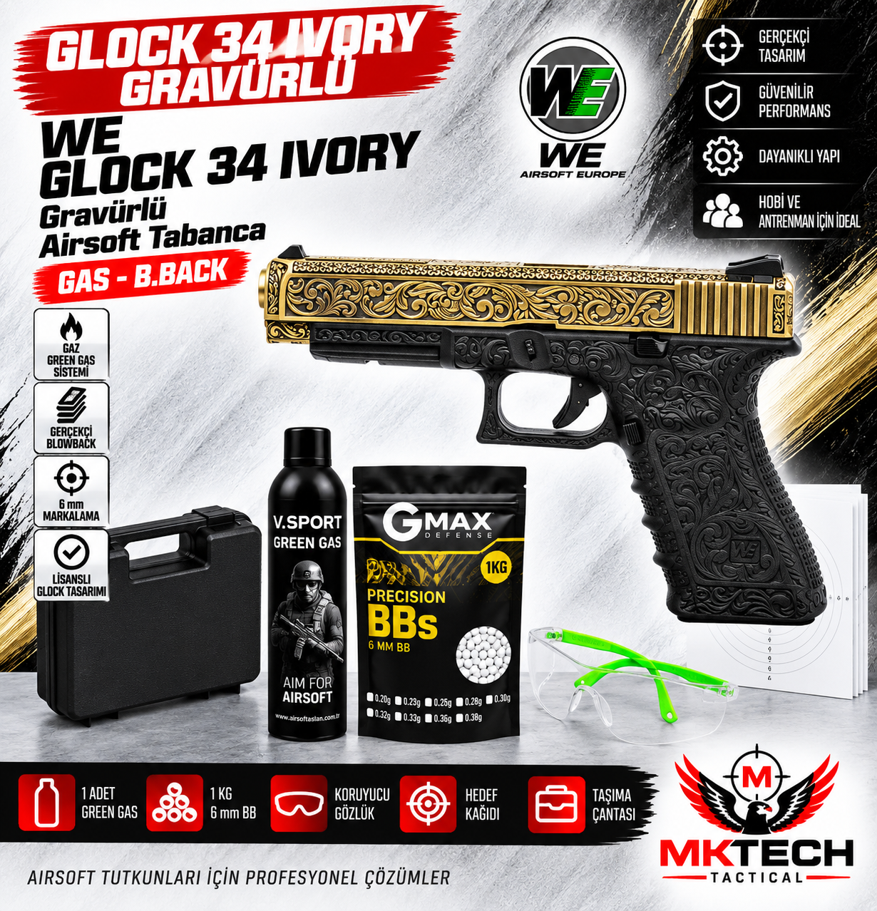 WE Glock 34 Ivory Gravürlü Green Gas Blowback Airsoft Tabanca Seti