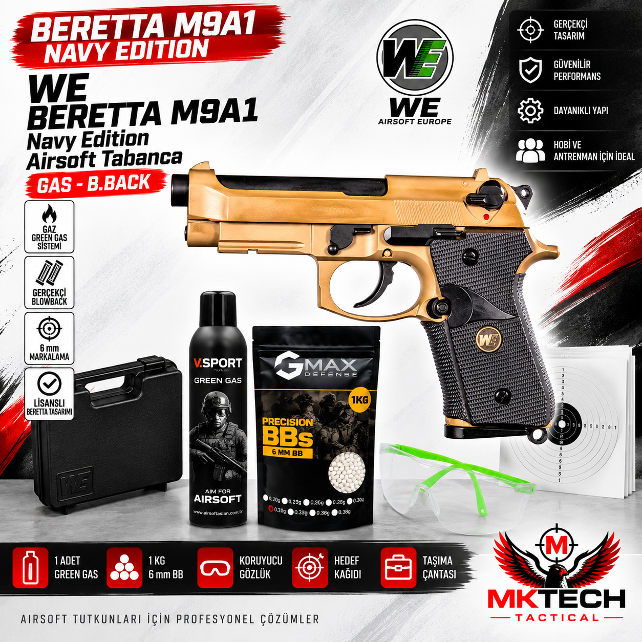 WE Beretta M9A1 Navy Edition Tan Green Gas Blowback Airsoft Tabanca Seti