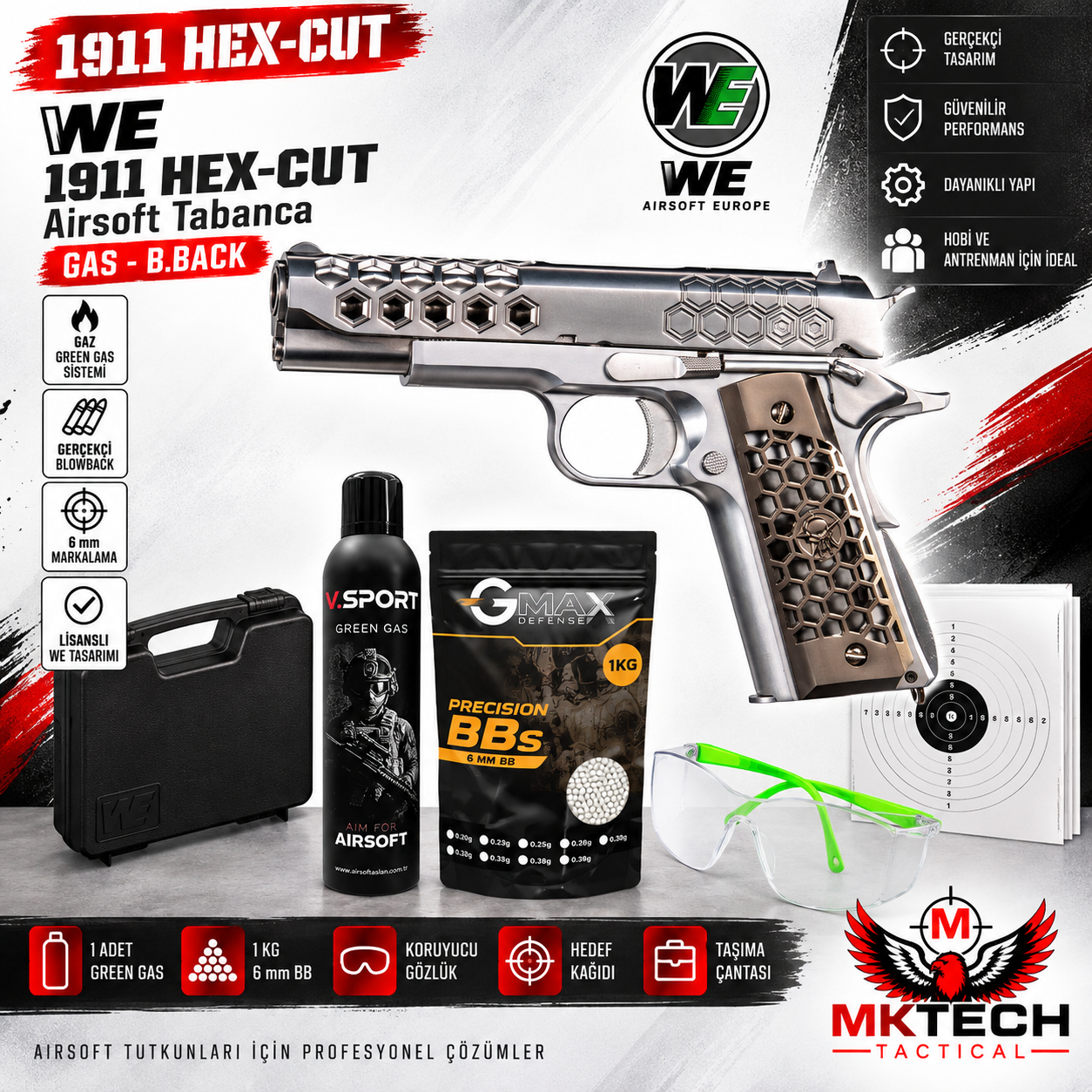 WE 1911 Hex-Cut Gümüş Green Gas Blowback Airsoft Tabanca Seti