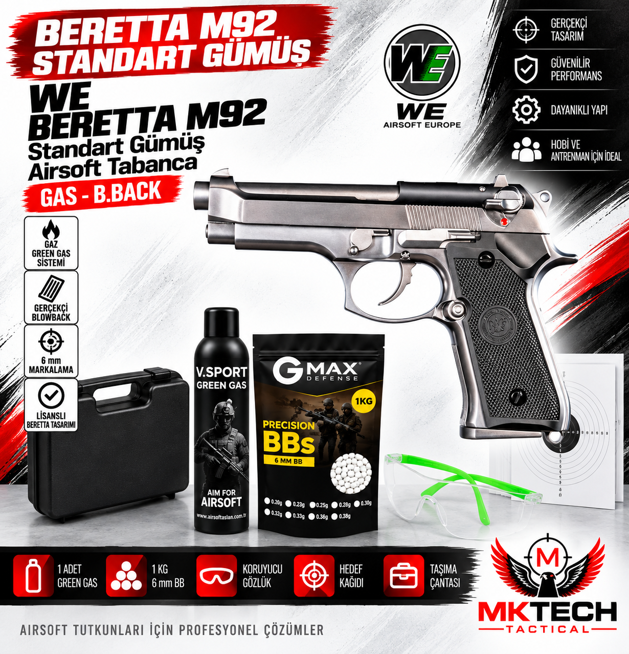 WE Beretta M92 Standart Gümüş Green Gas Blowback Airsoft Tabanca Seti