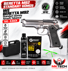 WE Beretta M92 Standart Gümüş Green Gas Blowback Airsoft Tabanca Seti