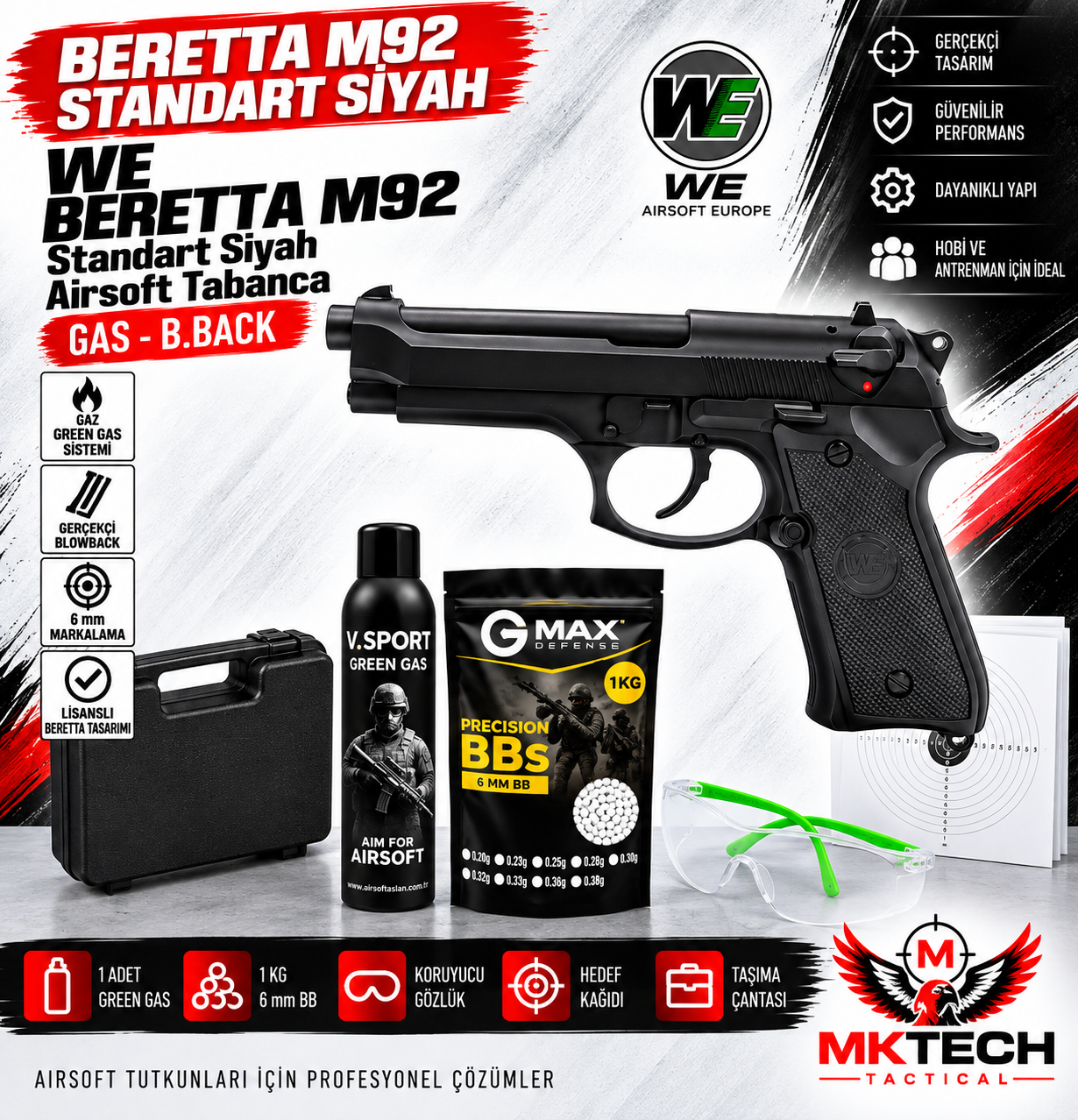 WE Beretta M92 Standart Siyah Green Gas Blowback Airsoft Tabanca Seti